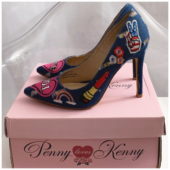 EUC Penny Loves ❤️Kenny Blue Denim Multi Patches designs Heels-Size 7 - Picture 3 of 9